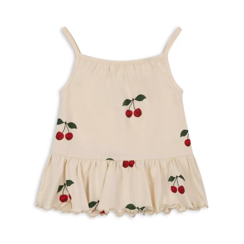 KONGES SLOJD - Bluzka z falbanką w wisienki - LIN FRILL STRAP TOP GOTS Stylowa bluzka z kolekcji LIN FRILL STRAP TOP GOTS, wykonana z certyfikowanych materiałów GOTS, gwarantujących ekologiczność i jakość (2).webp