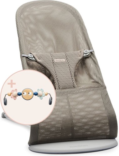 BABYBJORN - leżaczek niemowlęcy BLISS MESH - Szarobeżowy + Zabawka Googly Eyes Pastels